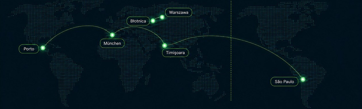 Karte mit den fünf Thalox-Standorten: München, Porto, Timișoara, Warszawa und Błotnica